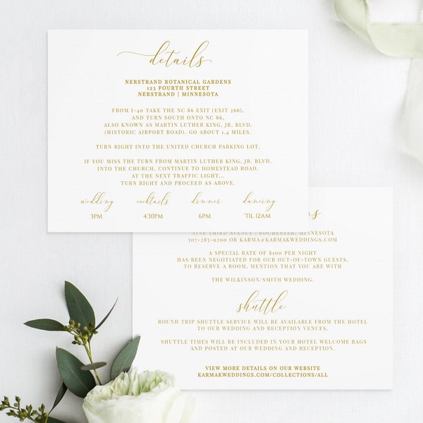 Wedding Details Card Template (Elegant Gold or Any Color) | Printable Details Cards | Matches Nadine | EDIT ONLINE in Templett - Download