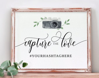 Wedding Hashtag Sign | Wedding Signs | Watercolor Camera & Flair Calligraphy | EDITABLE ONLINE in Templett - Download PDF - 8x10 5x7 4x6