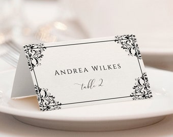 Vintage Black (or ANY COLOR) Wedding Place Card Template - Edit & Download - Nadine - Place Card Tent - Wedding Seating Cards - Templett