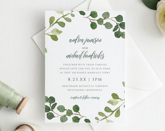 Wedding Invitation Template | Eucalyptus Greenery Watercolor Wreath | Instant Download - EDITABLE TEXT PDF - Printable