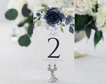 Elegant Winter Floral Table Numbers | Navy Blue Silver Watercolor Table Numbers 4X6 | Winter Wedding | EDITABLE Templett | Download PDF KK11