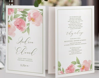Rose Pink & Green Wedding Program Template | Printable Wedding Program | Soft Watercolor Bouquet| EDIT ONLINE in Templett | Download PDF