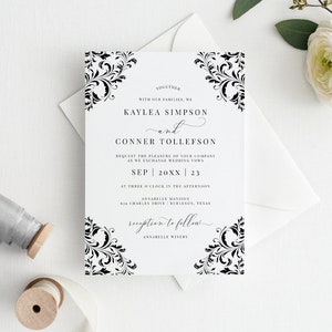 Vintage Wedding Invitation Template | Elegant Wedding Invitations Printable | Nadine (Black) | EDITABLE Templett - Download  PDF - Printable