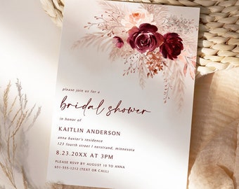 Bridal Shower Invitations | Boho Bridal Shower | Pampas Grass | Bohemian Bridal Shower | Burgundy Roses | Editable Template - Download