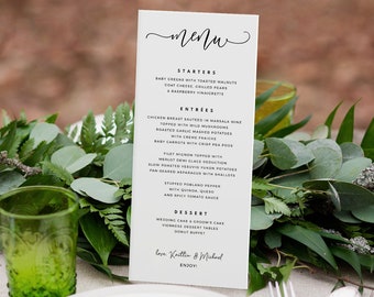 Tall Swirly (EDITABLE COLOR) Wedding Menu Template | Printable Wedding Menus | Bounce Calligraphy | Edit Online in Templett| (4 x 9.25)