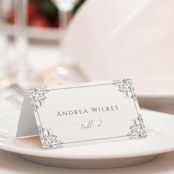 Vintage Wedding Place Cards | Place Card Template | Elegant Wedding Seating | Nadine (Gray) | EDITABLE Color Templett | Download PDF