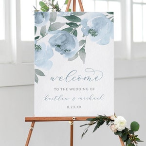 Wedding Welcome Sign Engagement Welcome Wedding Sign Template Edit Online in Templett Download PDF Soft Dusty Blue Watercolor zdjęcie 1