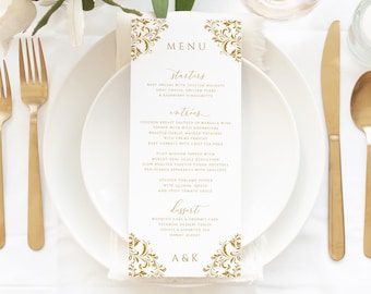Vintage Wedding Menu Template | Elegant Wedding Menu with Timeline on Back | Nadine - Gold (or any Color) | EDITABLE Template - Download PDF