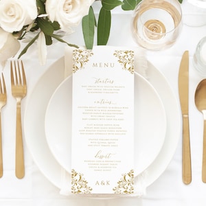 Vintage Hochzeitsmenü Vorlage | Elegantes Hochzeitsmenü mit Timeline-Rückseite | Nadine - Gold (oder eine beliebige Farbe) | EDITIERBARE Vorlage - Download PDF