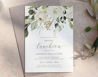 Floral Braut Luncheon Einladung: weiße Blumen & Grün (5x7 printable)