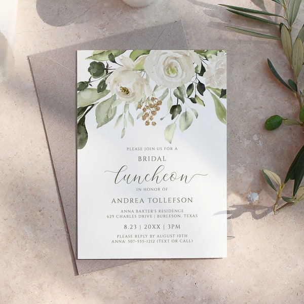 Bridal Shower Invites | Bridal Luncheon | Floral Bridal Shower | White Flowers & Greenery | 5x7 Printable | Bridal Shower Template