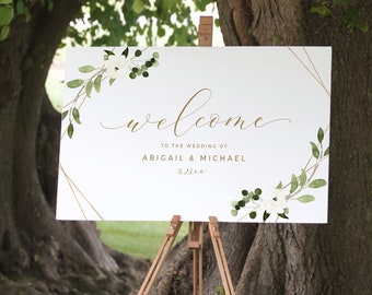 Wedding Welcome Sign | Welcome to our Wedding | Wedding Sign Template | Geometric Greenery - Gold | EDITABLE Templett - Download PDF 24x36