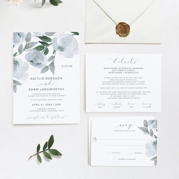 Dusty Blue Wedding Invitation Template Set / Suite | Soft Dusty Blue & Gray Watercolor | EDIT ONLINE in Templett | Invite, RSVP and Details