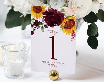 Rustic Fall Wedding Table Numbers | Sunflowers & Burgundy Red Roses Table Numbers 4X6 | Autumn Wedding | EDITABLE Templett | Download as PDF