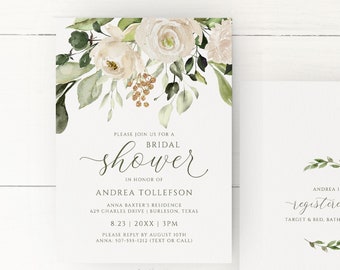 Bridal Shower Invitations - White Floral Shower Invitation Template - Sage Greenery  -  EDITABLE Templett - 5x7 - Download PDF