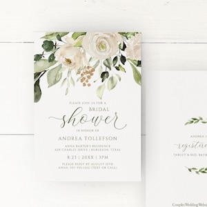 Bridal Shower Invitations - White Floral Shower Invitation Template - Sage Greenery  -  EDITABLE Templett - 5x7 - Download PDF