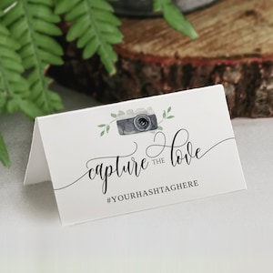 Mini Wedding Hashtag Sign Tents | Wedding Signs | Watercolor Camera & Flair Calligraphy | EDITABLE Templett - Download PDF - 3.5 x 2 Tent