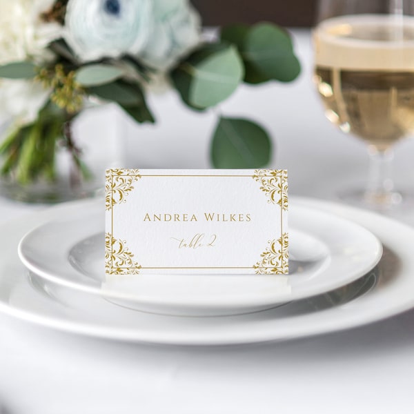 Vintage Gold Wedding Place Template (Tent) | Printable Place Cards Seating | Nadine | Templett - Download as PDF - Instant Download