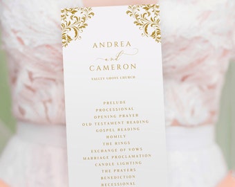 Elegant Wedding Programs Template | Nadine - Gold Vintage Corners (Tall)  | EDIT ONLINE in Templett - Download as PDF single or 2-per-page