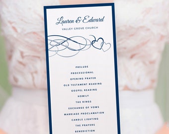 Hearts Wedding Program Template | Beloved (Navy & Dusty Blue or ANY COLOR!) Tea Length (Tall) | Edit Online in Templett - Download to Print