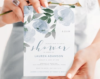 DiY Bridal Shower Invitation Template - Soft Dusty Blue & Gray Watercolor Bouquet - Download as PDF - EDITABLE ONLINE in Templett