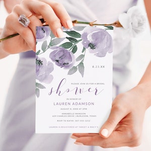 DiY Bridal Shower Invitation Template - Soft Purple & Lavender Watercolor Bouquet - Download as PDF - EDITABLE ONLINE in Templett