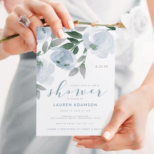 DiY Bridal Shower Invitation Template - Soft Dusty Blue & Gray Watercolor Bouquet - Download as PDF - EDITABLE ONLINE in Templett