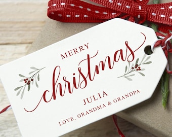 Personalized Christmas Gift Tags, Editable Canva Template, Watercolor Ivy Berries