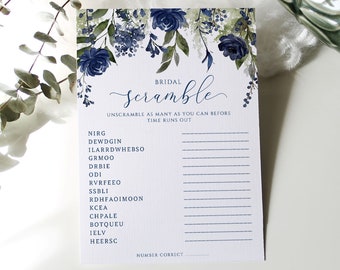Bridal Shower Game | Printable Word Scramble | Navy Blue Bridal Shower | Wildflower Bouquet Botanical | EDITABLE Templett - Download PDF