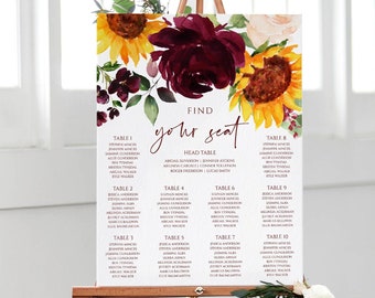 Fall Wedding Seating Chart: Sunflower & Burgundy Roses (Editable PDF)