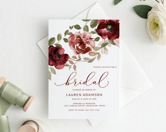 Fall Bridal Shower Invitation Template | Autumn Wedding Template | Burgundy Sage Vintage Roses Watercolor | Templett Editable & Download PDF