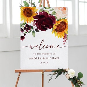 Fall Wedding Welcome Sign | Sunflowers & Burgundy Red Roses | Engagement Welcome | Wedding Sign Template | Editable Templett - Download PDF