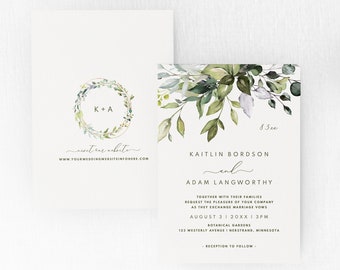 Wedding Invitation Template | Botanical / Herbal Bliss Watercolor Leaves & Vines | Instant Download - Editable Templett - Download PDF