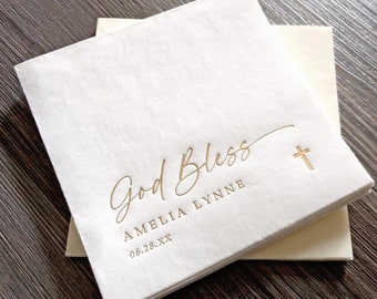 Baptism Napkins | Baptism Decor | God Bless Napkins | Personalized Napkins | Gold Foil Baby Napkins | Simple Cross Napkins