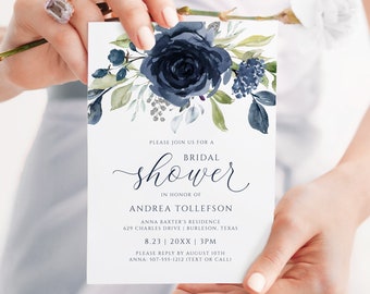 Winter Bridal Shower Invitations | Couples Shower Template | Navy Blue Silver Watercolor Bouquet | Editable Templett - Download as PDF KK11