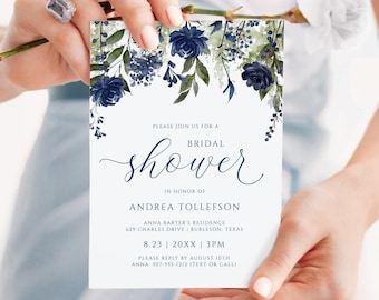 Boho Bridal Shower Invitation Template: Navy Wildflower (EDITABLE PDF) B1