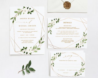 Geometric Wedding Invitation Template Bundle | Geometric Greenery Watercolor | EDIT ONLINE in Templett | Invite, RSVP and Details