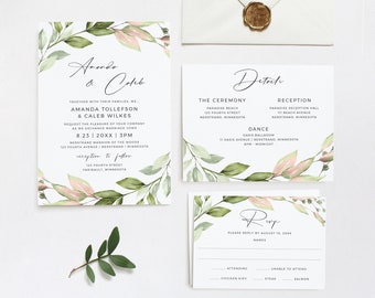 Tropical Wedding Invitation Template Set / Suite | Watercolor Beach Oasis Greenery | EDIT ONLINE in Templett | Invite, RSVP and Details