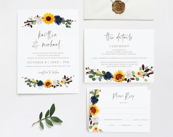 Sunflower Wedding Invitation Template Set / Suite | Fall Sunflowers & Greenery Branch | EDIT ONLINE in Templett | Invite, RSVP and Details