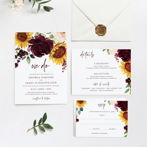 Fall Wedding Invitations | Sunflowers & Roses | Fall Wedding Invitation Bundle | EDITABLE Templett | Invite, RSVP, Details