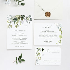 Greenery Wedding Invitations - Template Set / Suite | Green & Dusty Blue Watercolor | Herbal Templett | Invite, RSVP and Details | PDF