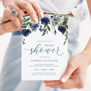 Boho Bridal Shower Invitation Template: Navy Wildflower (EDITABLE PDF)