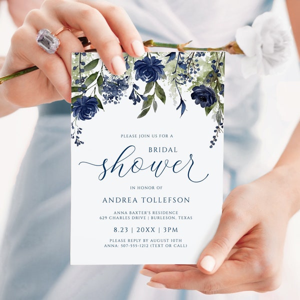 Boho Bridal Shower Invitation Template | Blue Bridal Shower Invitations | Wildflower Invitation | EDITABLE Templett - Download PDF