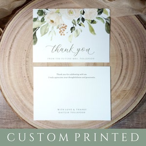 Thank you cards, Personalized Flat Thank You Cards, Bridal Shower Thank You Cards, White Floral Greenery, Thank You Note Cards