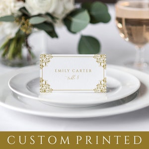 Custom Printed Place Cards - Elegant gold wedding place cards with a vintage design available in cream or white.