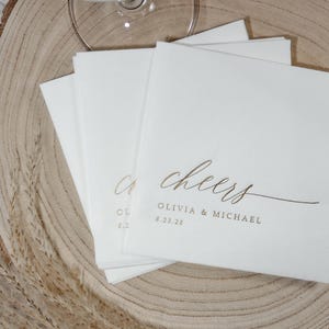 Personalized Wedding Cocktail Napkins: Gold Foil 'Cheers' Design
