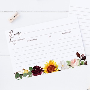 Fall Bridal Shower Recipe Card Template: Sunflower Roses (4x6 Editable PDF)