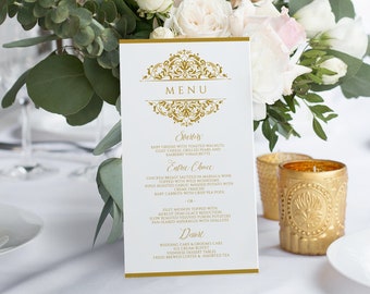 Elegant Gold Wedding Menu Template | Printable Wedding Menus | Natalia | EDIT ONLINE in Templett - Download as PDF | (4 x 7)