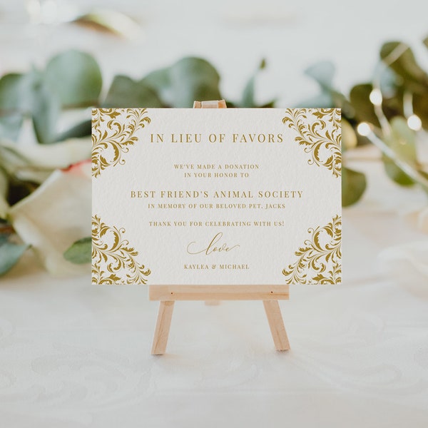 In Lieu of Favors - Favor Donation Card Template - Vintage Frame Nadine (Gold - Any Color) 3.5 x 5 - Templett - EDIT Download & Print