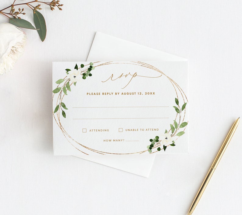 Wedding RSVP Card Template Geometric Greenery White Floral | Edit in your Browser Download /& Print Faux Gold Foil